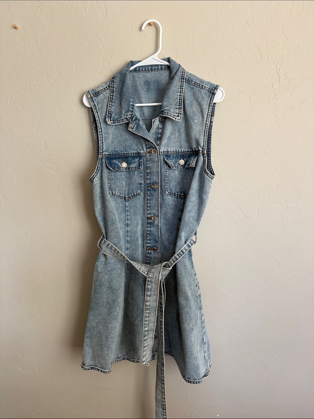 Sleeveless Light Wash Denim Button-Front Dress